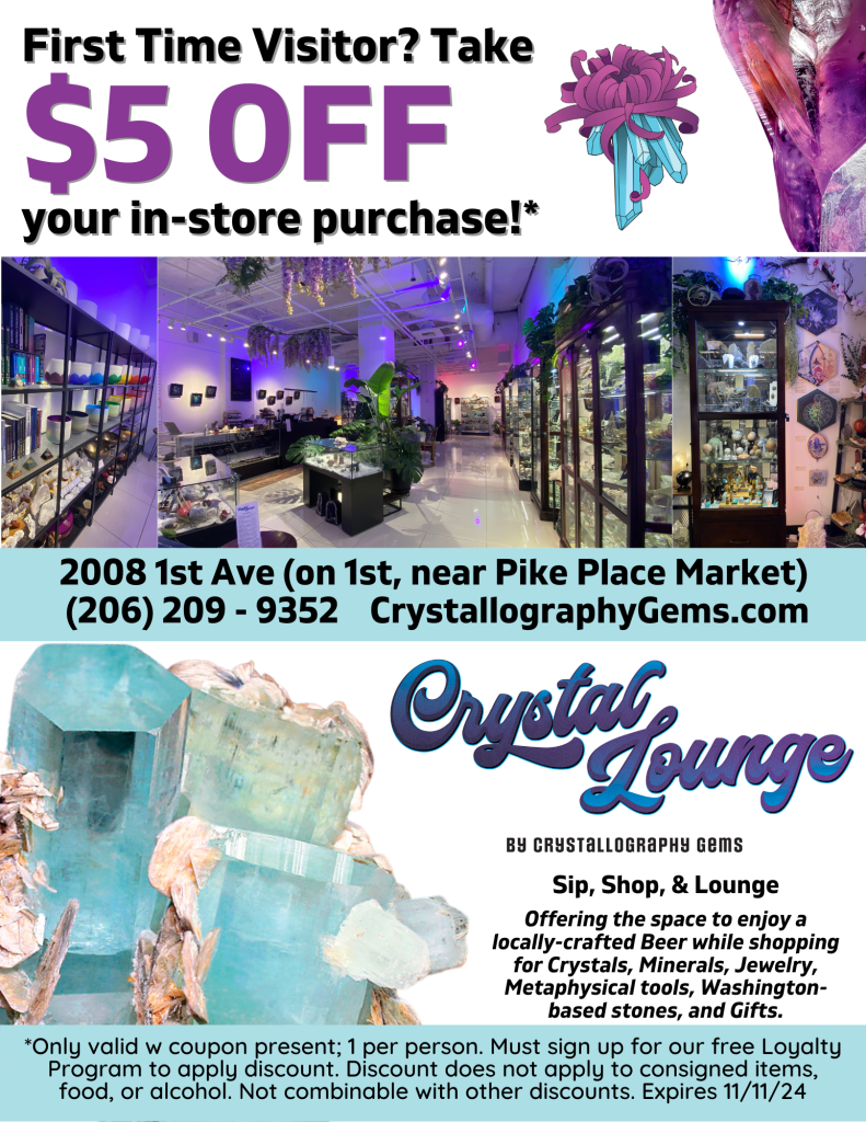 First Time Visitors Take $5 OFF when they shop at Crystal Lounge by Crystallography Gems. Take a side quest and have the most fun you'll have all day!