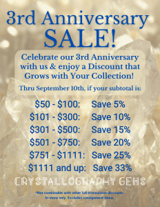 3rd Anniversary Sale at Crystallography Gems. The more you buy, the more you save.